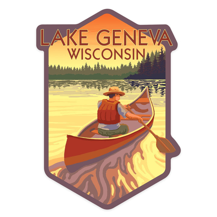 Lake Geneva, Wisconsin, Canoe Scene, Contour, Lantern Press Artwork, Vinyl Sticker Sticker Lantern Press 