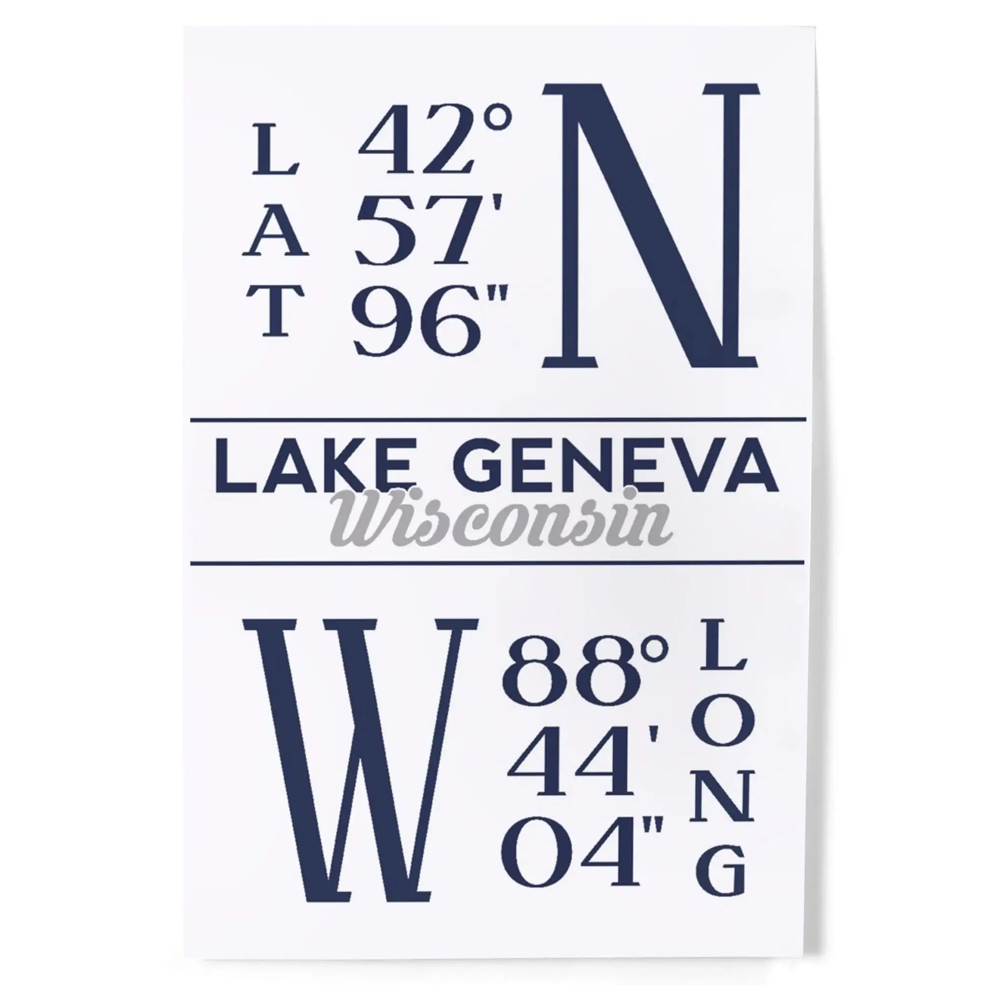 Lake Geneva, Wisconsin, Latitude and Longitude art prints, metal