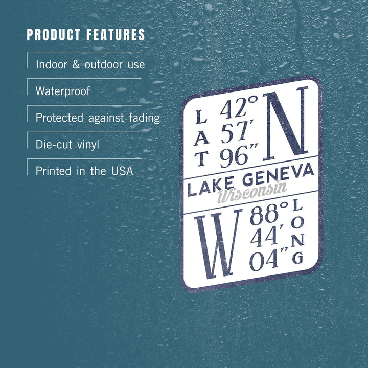 Lake Geneva, Wisconsin, Latitude & Longitude, Contour, Lantern Press Artwork, Vinyl Sticker Sticker Lantern Press 