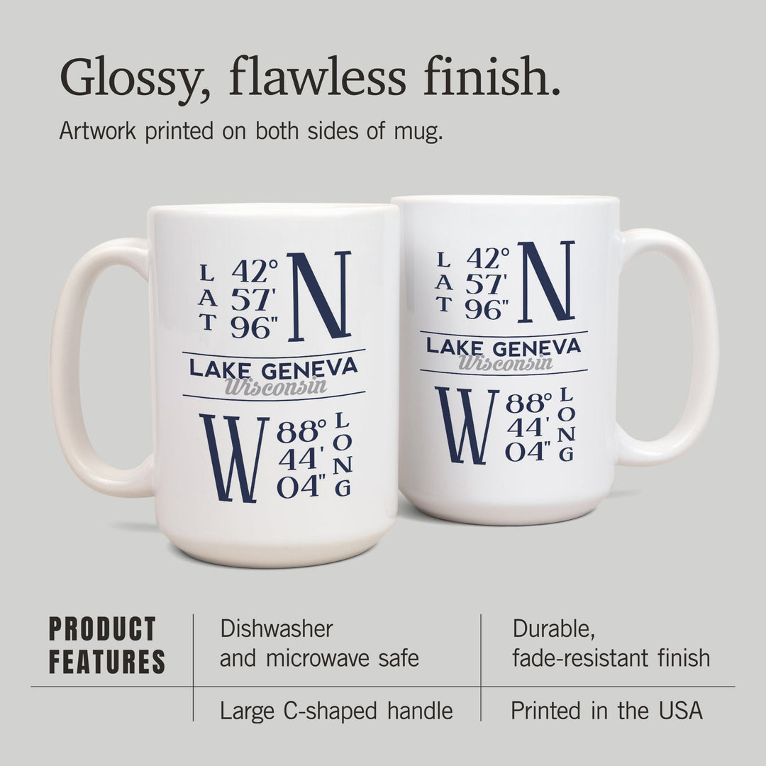 Lake Geneva, Wisconsin, Latitude & Longitude, Lantern Press Artwork, Ceramic Mug Mugs Lantern Press 