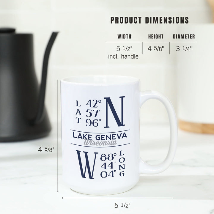 Lake Geneva, Wisconsin, Latitude & Longitude, Lantern Press Artwork, Ceramic Mug Mugs Lantern Press 