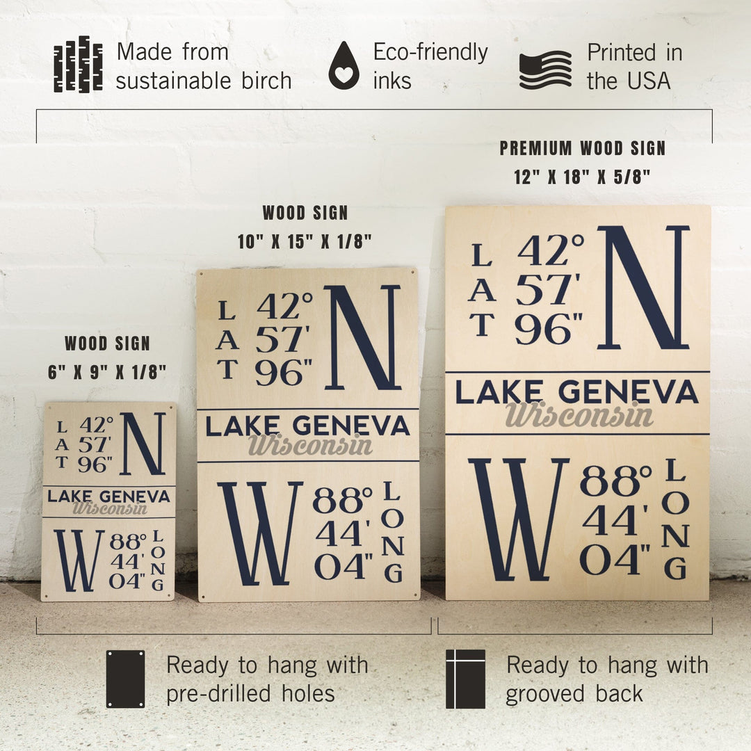 Lake Geneva, Wisconsin, Latitude & Longitude, Lantern Press Artwork, Wood Signs and Postcards - Lantern Press