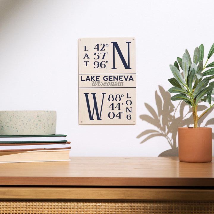 Lake Geneva, Wisconsin, Latitude & Longitude, Lantern Press Artwork, Wood Signs and Postcards - Lantern Press