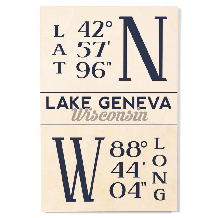 Lake Geneva, Wisconsin, Latitude & Longitude, Lantern Press Artwork, Wood Signs and Postcards Wood Lantern Press 