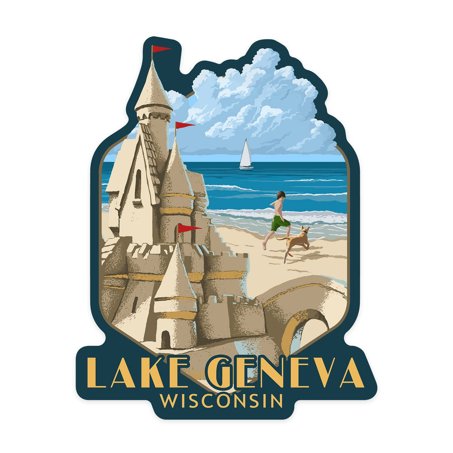 Lake Geneva, Wisconsin, Sandcastle, Contour, Lantern Press Artwork, Vinyl Sticker Sticker Lantern Press 