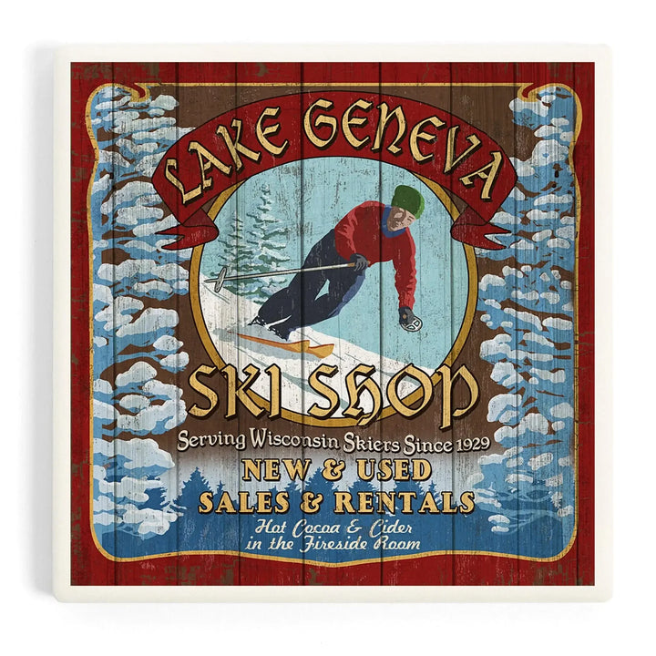 Lake Geneva, Wisconsin, Ski Shop Vintage Sign, Coasters Coasters Lantern Press Coaster 