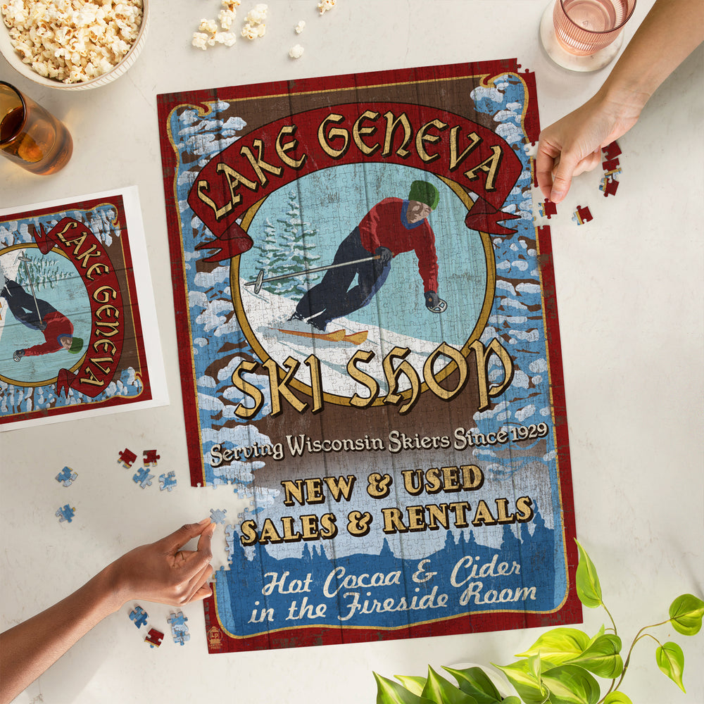Lake Geneva, Wisconsin, Ski Shop Vintage Sign, Jigsaw Puzzle Puzzle Lantern Press 