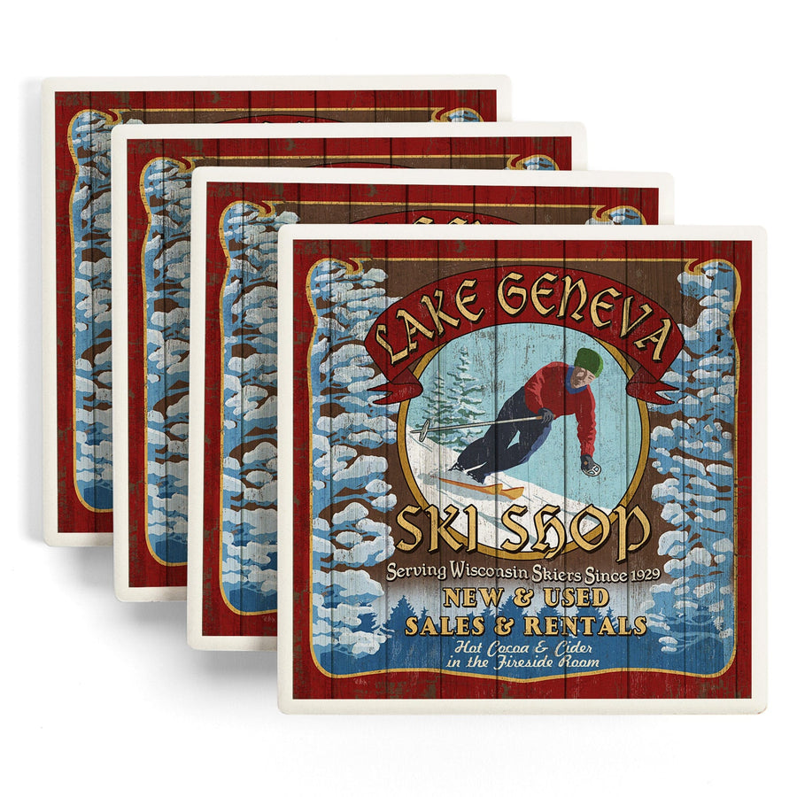 Lake Geneva, Wisconsin, Ski Shop Vintage Sign, Lantern Press Poster, Coaster Set - Lantern Press