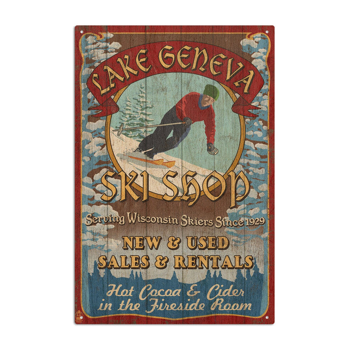 Lake Geneva, Wisconsin, Ski Shop Vintage Sign, Lantern Press Poster, Wood Signs and Postcards Wood Lantern Press 10 x 15 Wood Sign 