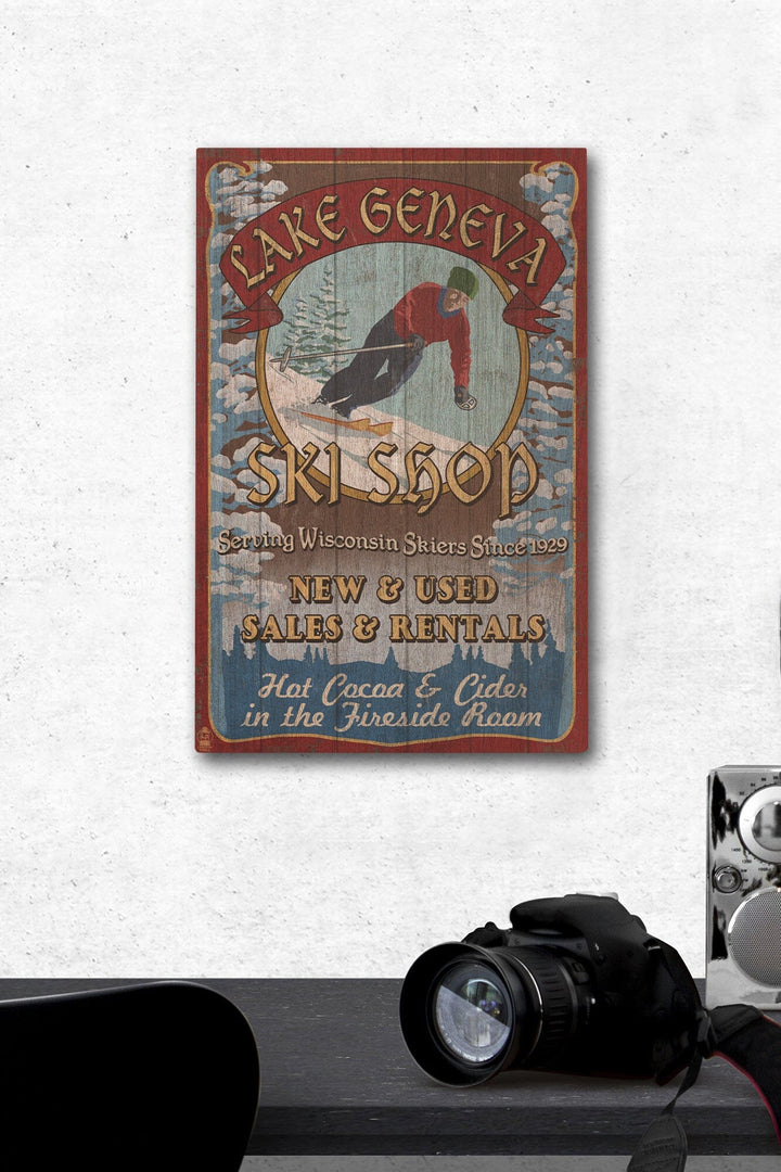 Lake Geneva, Wisconsin, Ski Shop Vintage Sign, Lantern Press Poster, Wood Signs and Postcards Wood Lantern Press 12 x 18 Wood Gallery Print 