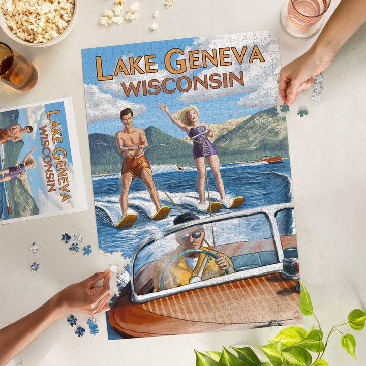 Lake Geneva, Wisconsin, Water Skiing Scene, Jigsaw Puzzle Puzzle Lantern Press 