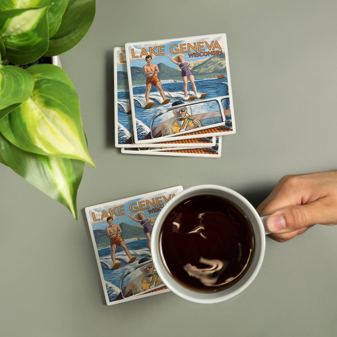 Lake Geneva, Wisconsin, Water Skiing Scene, Lantern Press Artwork, Coaster Set - Lantern Press