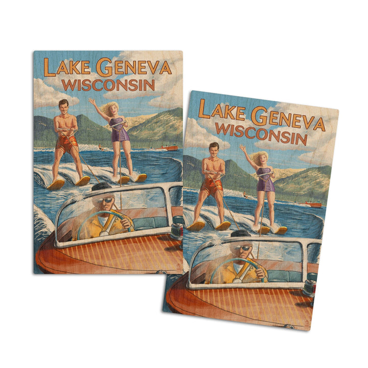 Lake Geneva, Wisconsin, Water Skiing Scene, Lantern Press Artwork, Wood Signs and Postcards Wood Lantern Press 4x6 Wood Postcard Set 