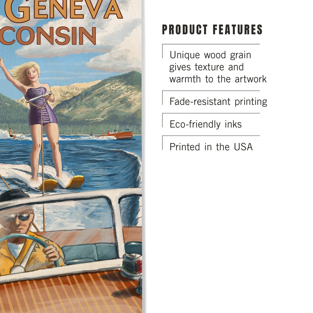 Lake Geneva, Wisconsin, Water Skiing Scene, Lantern Press Artwork, Wood Signs and Postcards Wood Lantern Press 