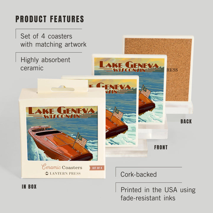 Lake Geneva, Wisconsin, Wooden Boat, Coasters Coasters Lantern Press 