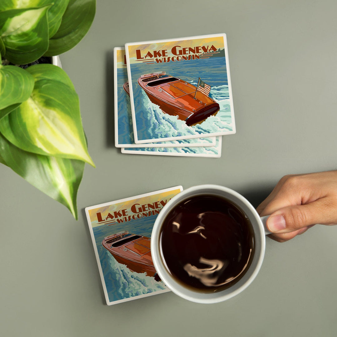 Lake Geneva, Wisconsin, Wooden Boat, Coasters Coasters Lantern Press 