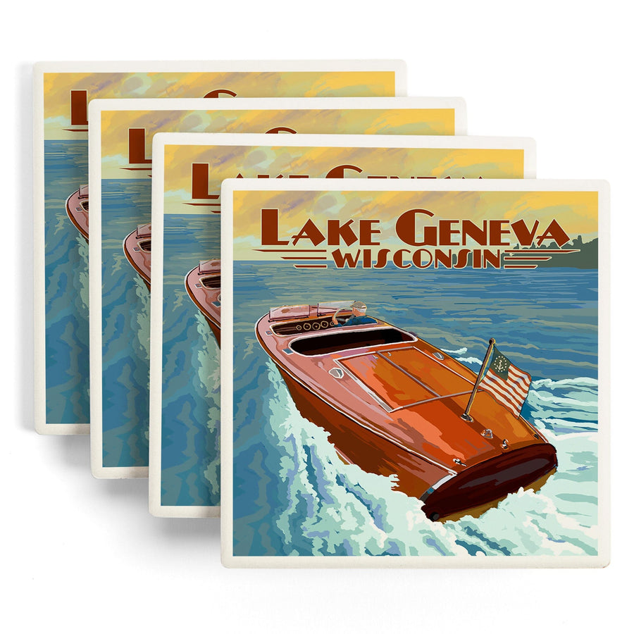 Lake Geneva, Wisconsin, Wooden Boat, Lantern Press Artwork, Coaster Set - Lantern Press