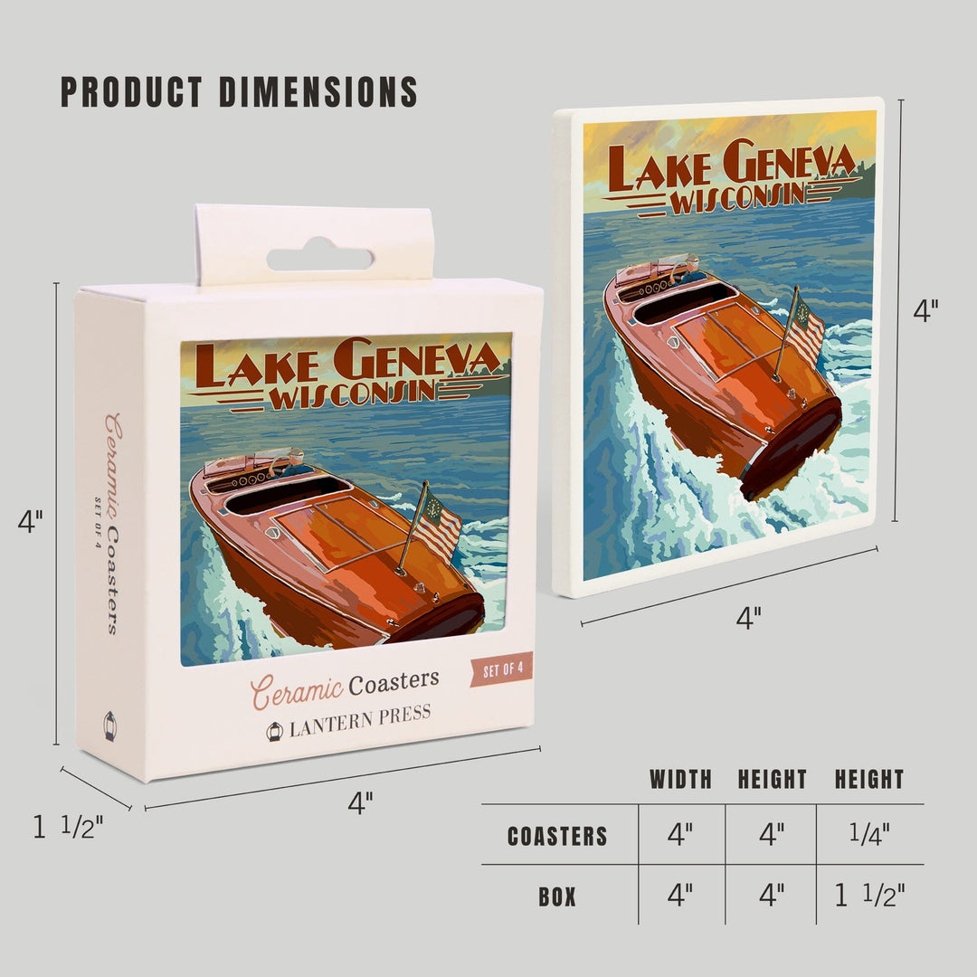 Lake Geneva, Wisconsin, Wooden Boat, Lantern Press Artwork, Coaster Set - Lantern Press