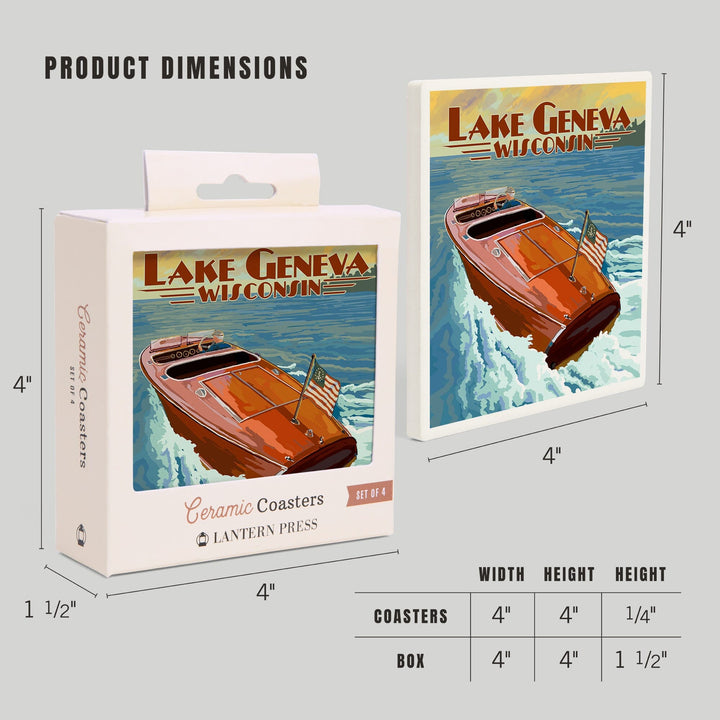 Lake Geneva, Wisconsin, Wooden Boat, Lantern Press Artwork, Coaster Set - Lantern Press