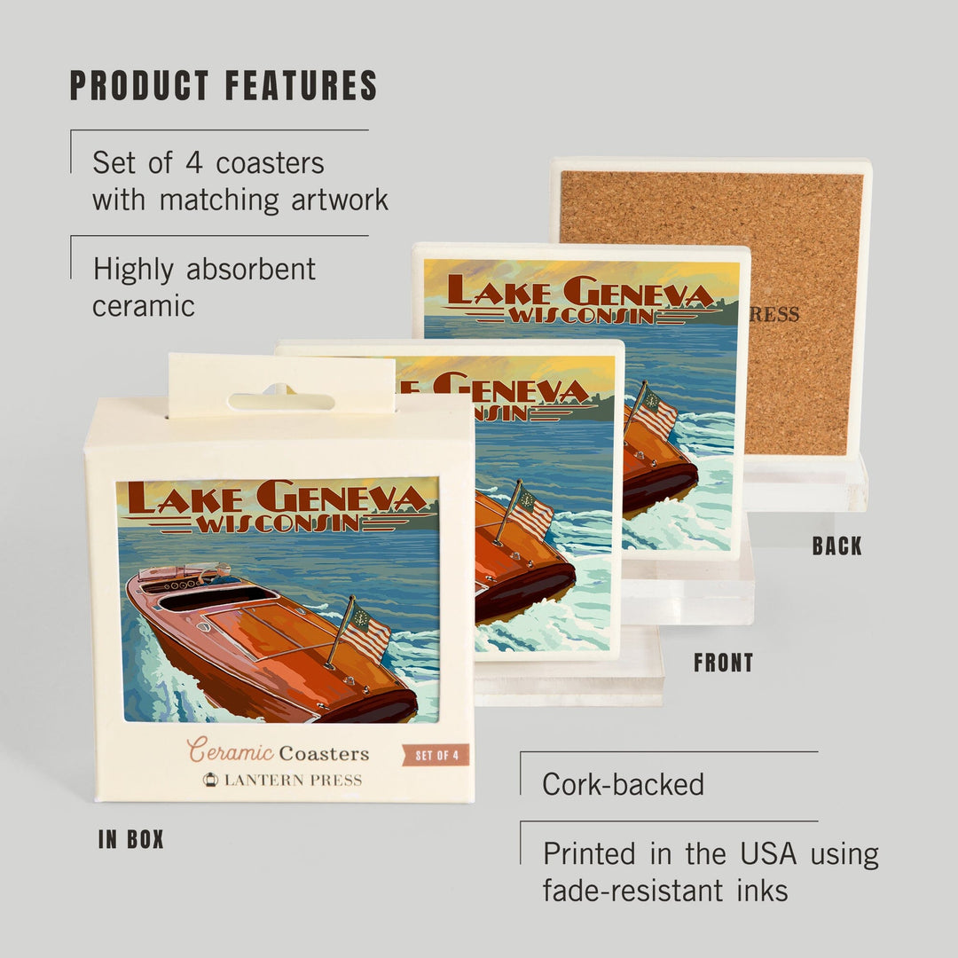 Lake Geneva, Wisconsin, Wooden Boat, Lantern Press Artwork, Coaster Set - Lantern Press