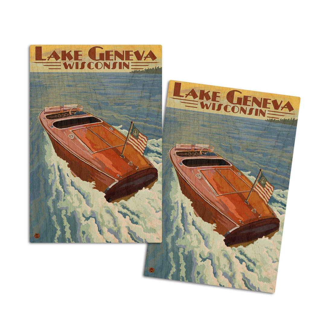 Lake Geneva, Wisconsin, Wooden Boat, Lantern Press Artwork, Wood Signs and Postcards Wood Lantern Press 4x6 Wood Postcard Set 