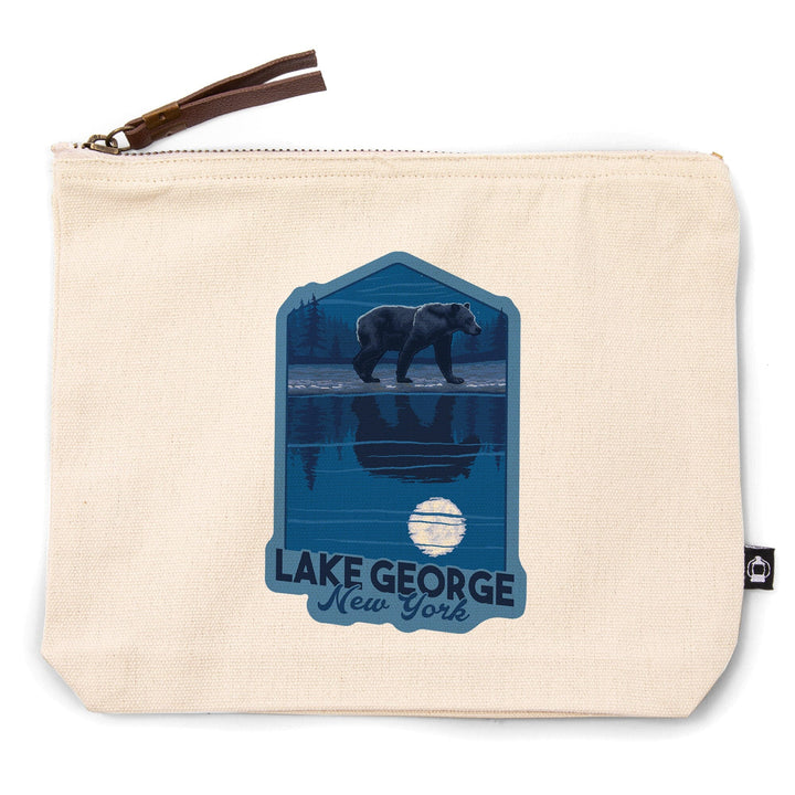 Lake George, New York, Bear and Reflection at Night,, Organic Cotton Zipper Pouch, Go Bag Go Bag Lantern Press 