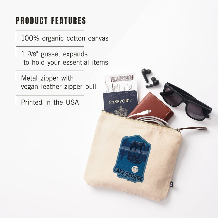 Lake George, New York, Bear and Reflection at Night,, Organic Cotton Zipper Pouch, Go Bag Go Bag Lantern Press 