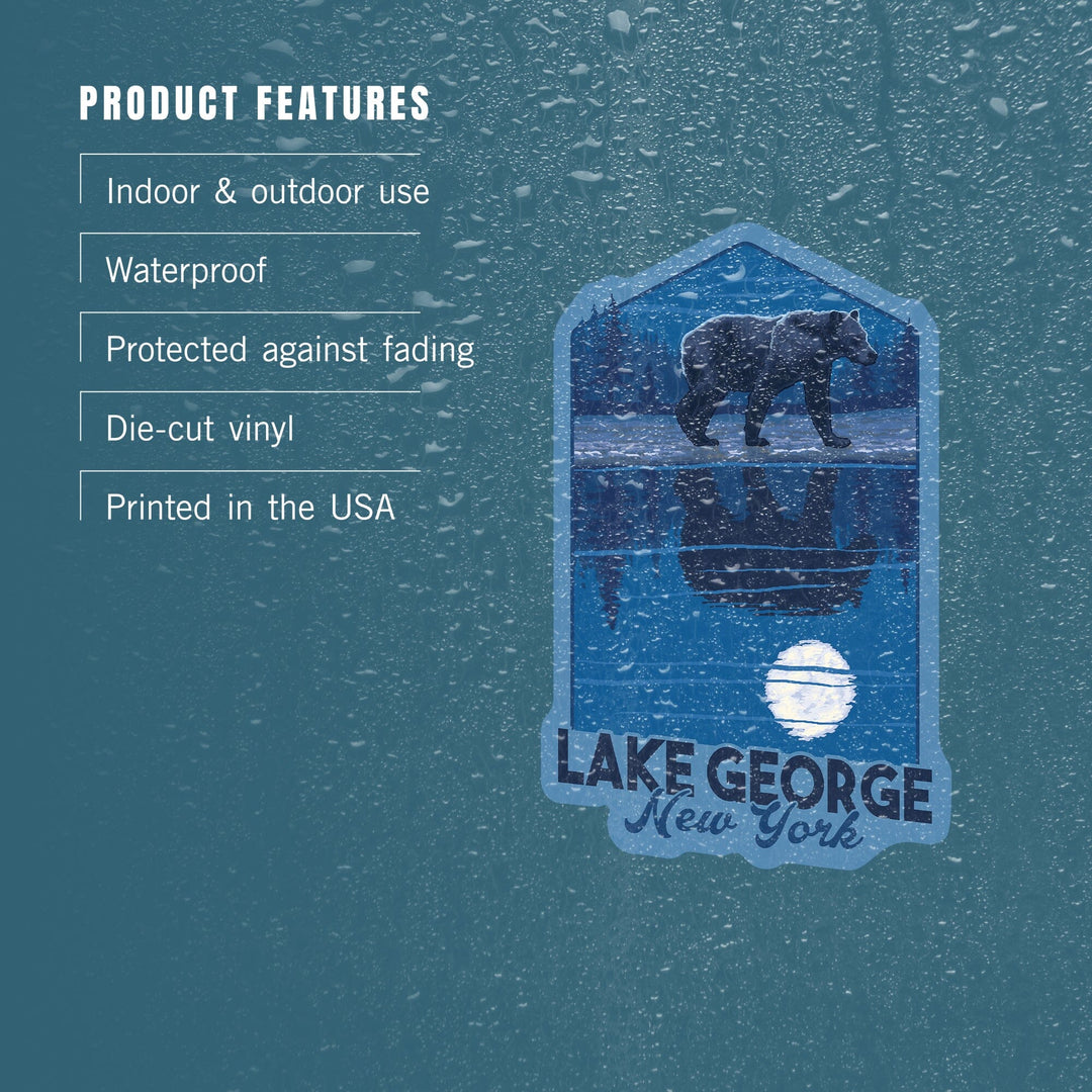 Lake George, New York, Bear & Reflection at Night, Contour, Lantern Press Artwork, Vinyl Sticker Sticker Lantern Press 