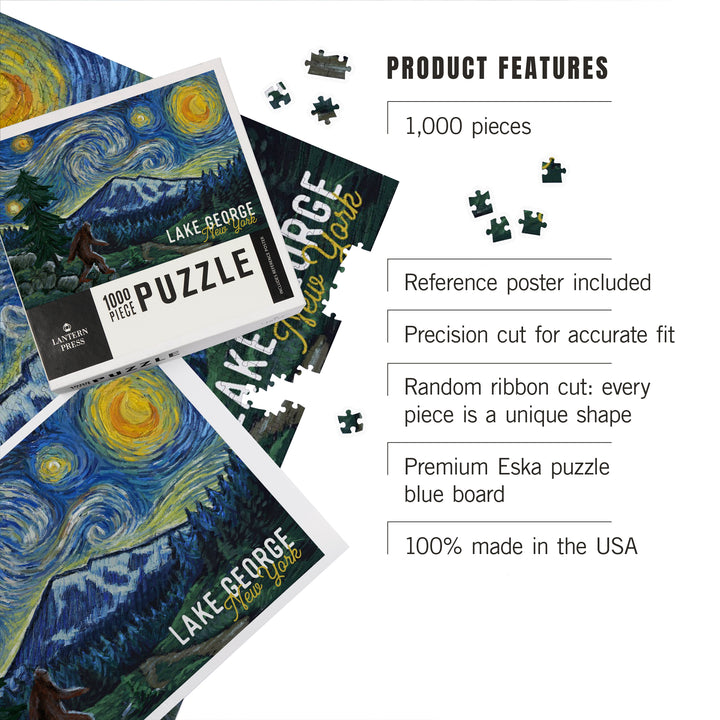 Lake George, New York, Bigfoot, Starry Night, Jigsaw Puzzle Puzzle Lantern Press 