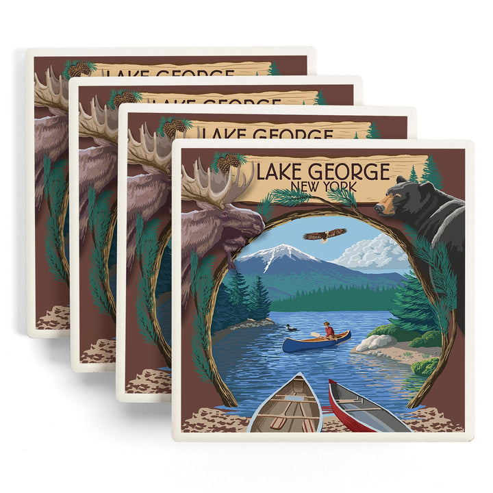 Lake George, New York, Canoe Scene, Lantern Press Artwork, Coaster Set - Lantern Press