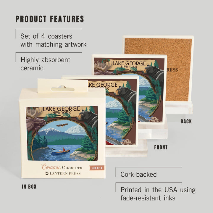 Lake George, New York, Canoe Scene, Lantern Press Artwork, Coaster Set - Lantern Press