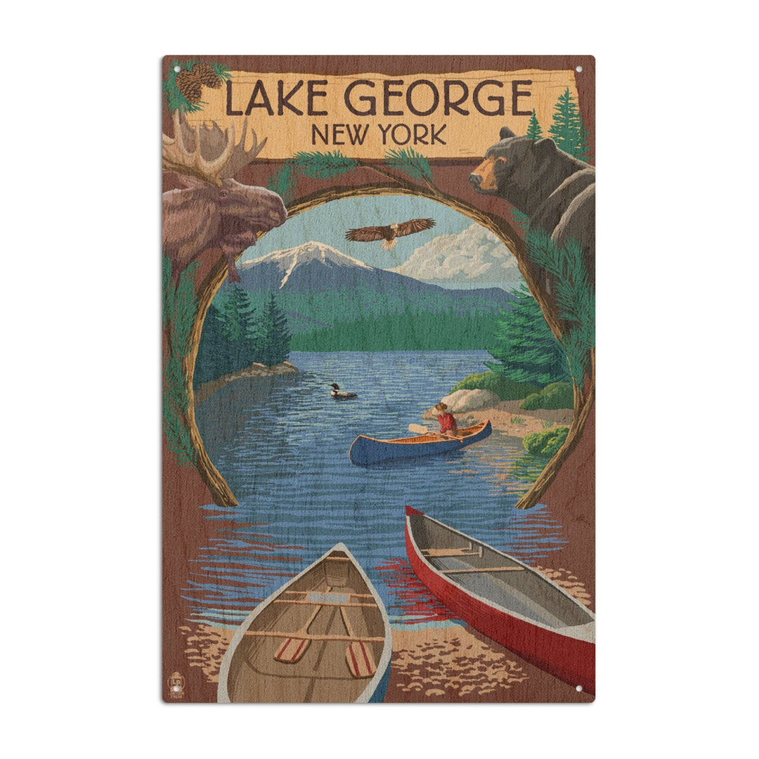 Lake George, New York, Canoe Scene, Lantern Press Artwork, Wood Signs and Postcards - Lantern Press