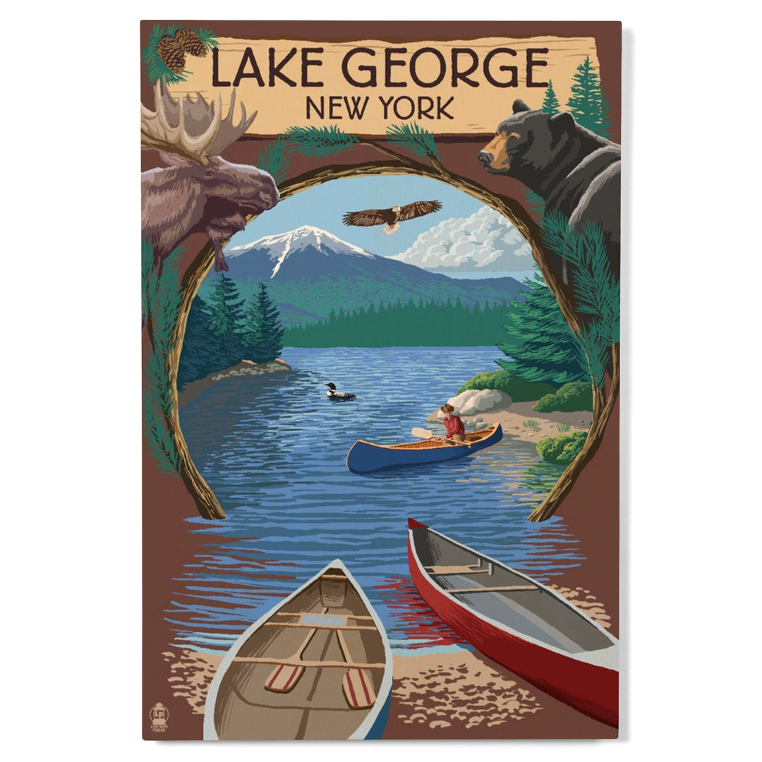 Lake George, New York, Canoe Scene, Lantern Press Artwork, Wood Signs and Postcards - Lantern Press