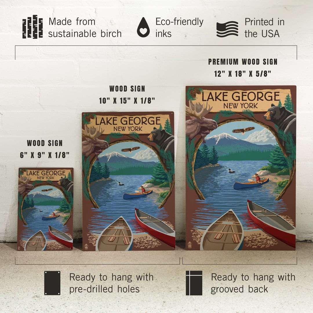 Lake George, New York, Canoe Scene, Lantern Press Artwork, Wood Signs and Postcards - Lantern Press