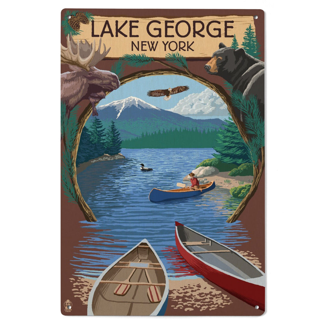 Lake George, New York, Canoe Scene, Lantern Press Artwork, Wood Signs and Postcards - Lantern Press