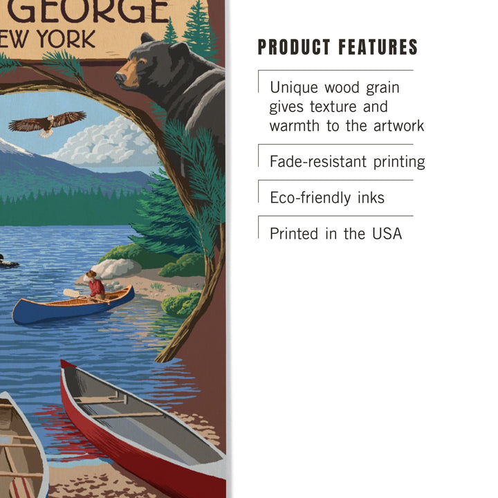 Lake George, New York, Canoe Scene, Lantern Press Artwork, Wood Signs and Postcards - Lantern Press