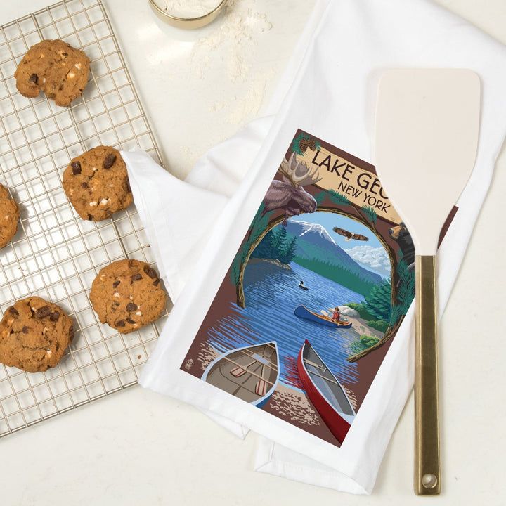 Lake George, New York, Canoe Scene, Organic Cotton Kitchen Tea Towels Kitchen Lantern Press 