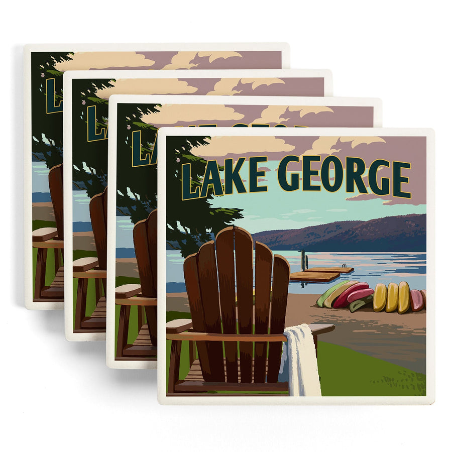 Lake George, New York, Lake & Adirondack Chair, Simply Said, Lantern Press Artwork, Coaster Set - Lantern Press