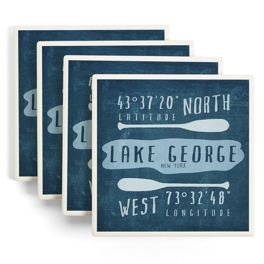 Lake George, New York, Lake Essentials, Latitude & Longitude, Lantern Press Artwork, Coaster Set - Lantern Press