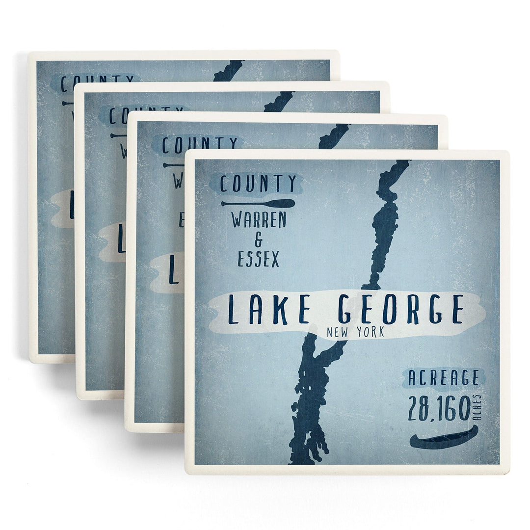 Lake George, New York, Lake Essentials, Shape, Acreage & County, Lantern Press Artwork, Coaster Set - Lantern Press