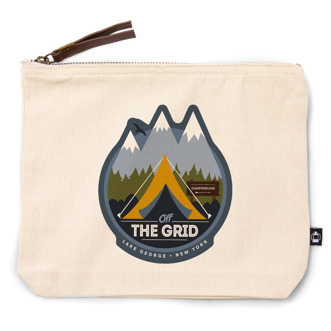 Lake George, New York, Off the Grid, Tent,, Organic Cotton Zipper Pouch, Go Bag Go Bag Lantern Press 