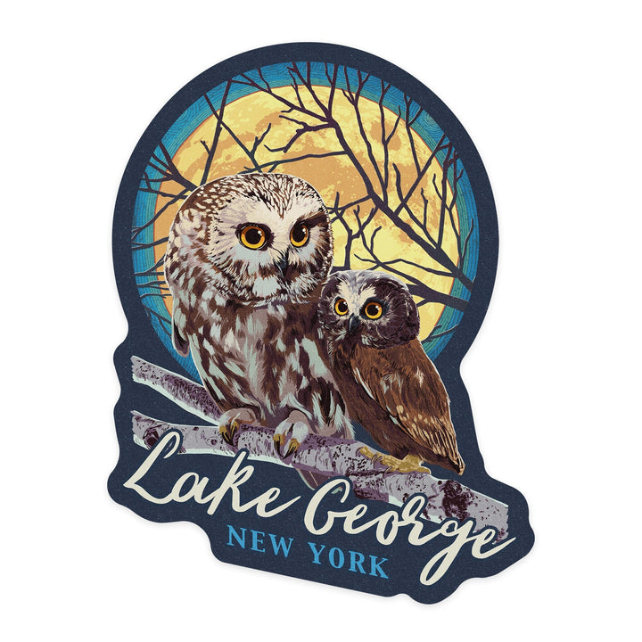 Lake George, New York, Owl and Owlet, Letterpress, Contour, Vinyl Sticker Sticker Lantern Press 