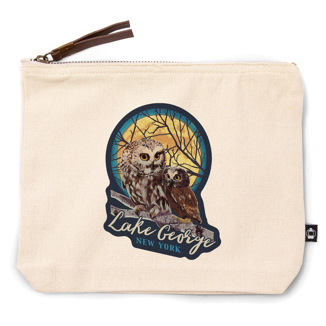 Lake George, New York, Owl and Owlet, Letterpress,, Organic Cotton Zipper Pouch, Go Bag Go Bag Lantern Press 
