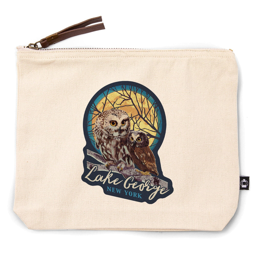 Lake George, New York, Owl and Owlet, Letterpress,, Organic Cotton Zipper Pouch, Go Bag Go Bag Lantern Press 