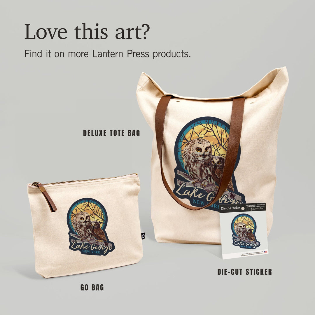 Lake George, New York, Owl and Owlet, Letterpress,, Organic Cotton Zipper Pouch, Go Bag Go Bag Lantern Press 