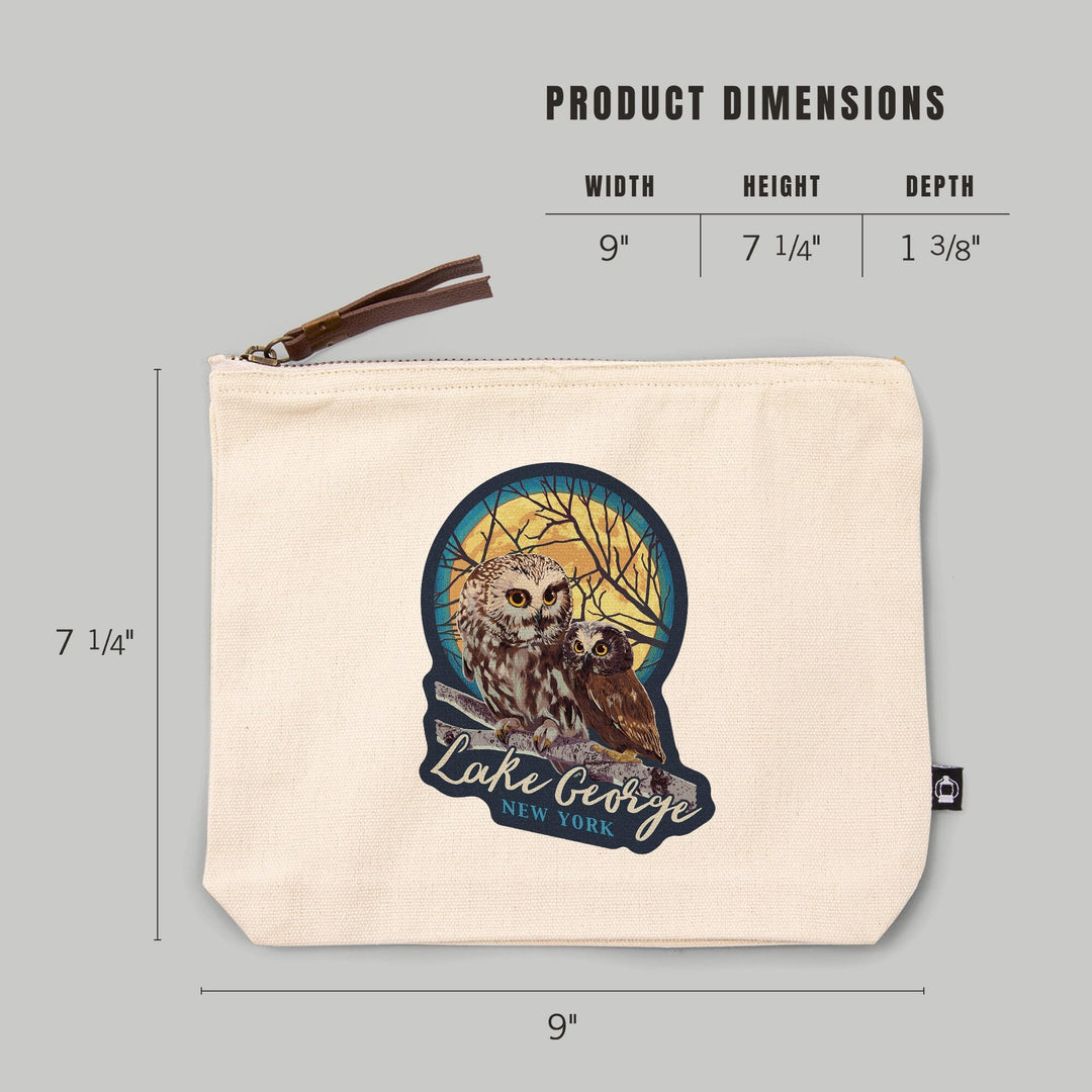 Lake George, New York, Owl and Owlet, Letterpress,, Organic Cotton Zipper Pouch, Go Bag Go Bag Lantern Press 