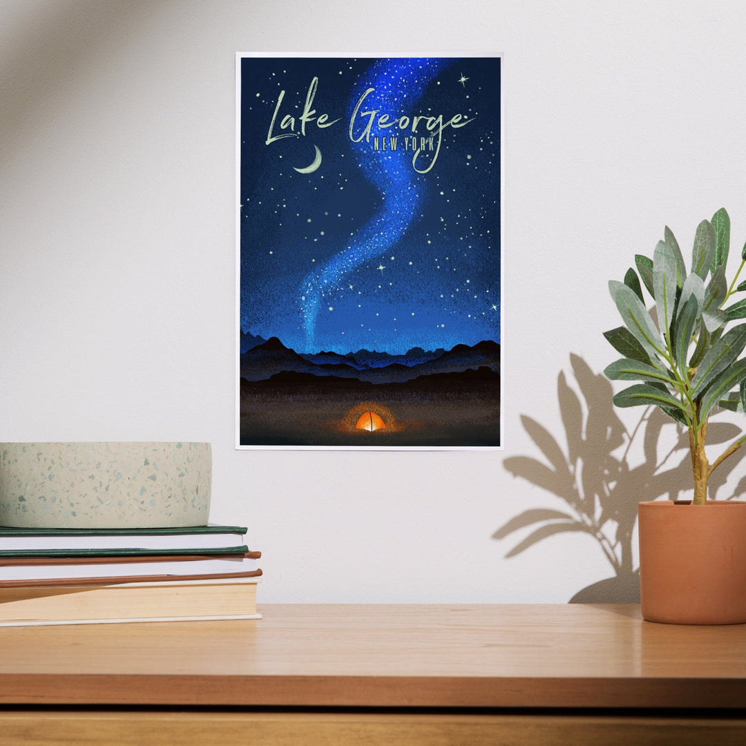 Lake George, New York, Tent and Night Sky, Mid-Century Style, Art & Giclee Prints - Lantern Press