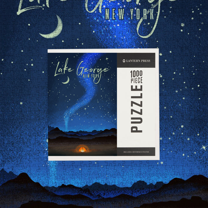 Lake George, New York, Tent and Night Sky, Mid-Century Style, Jigsaw Puzzle Puzzle Lantern Press 