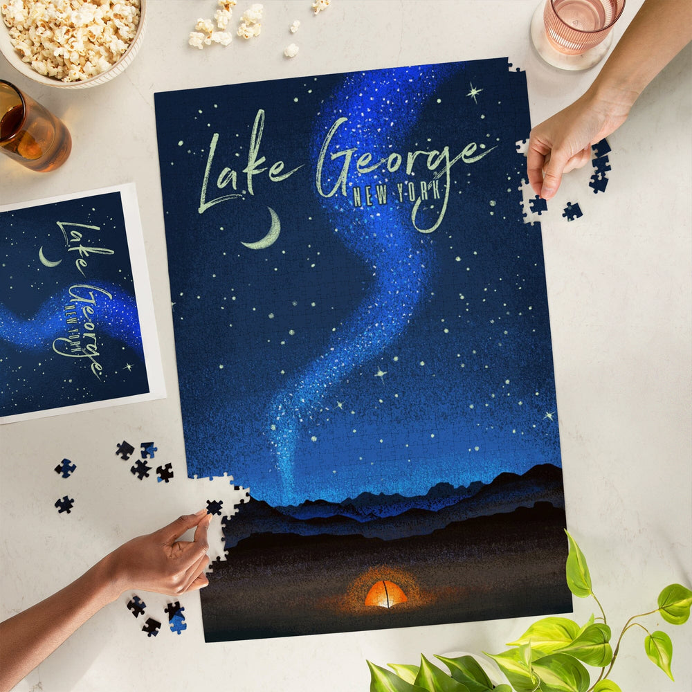 Lake George, New York, Tent and Night Sky, Mid-Century Style, Jigsaw Puzzle Puzzle Lantern Press 