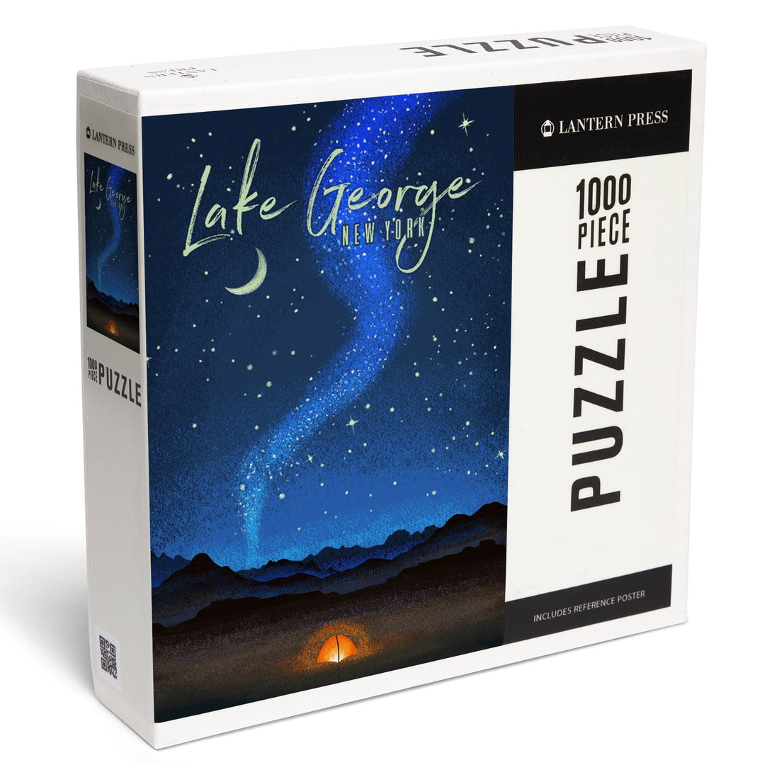 Lake George, New York, Tent and Night Sky, Mid-Century Style, Jigsaw Puzzle Puzzle Lantern Press 